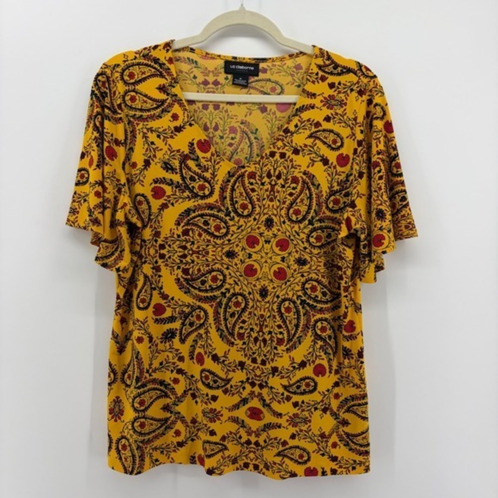 Liz Claiborne Career Women Yellow Paisley V Neck Flutter Sleeve Top Size M